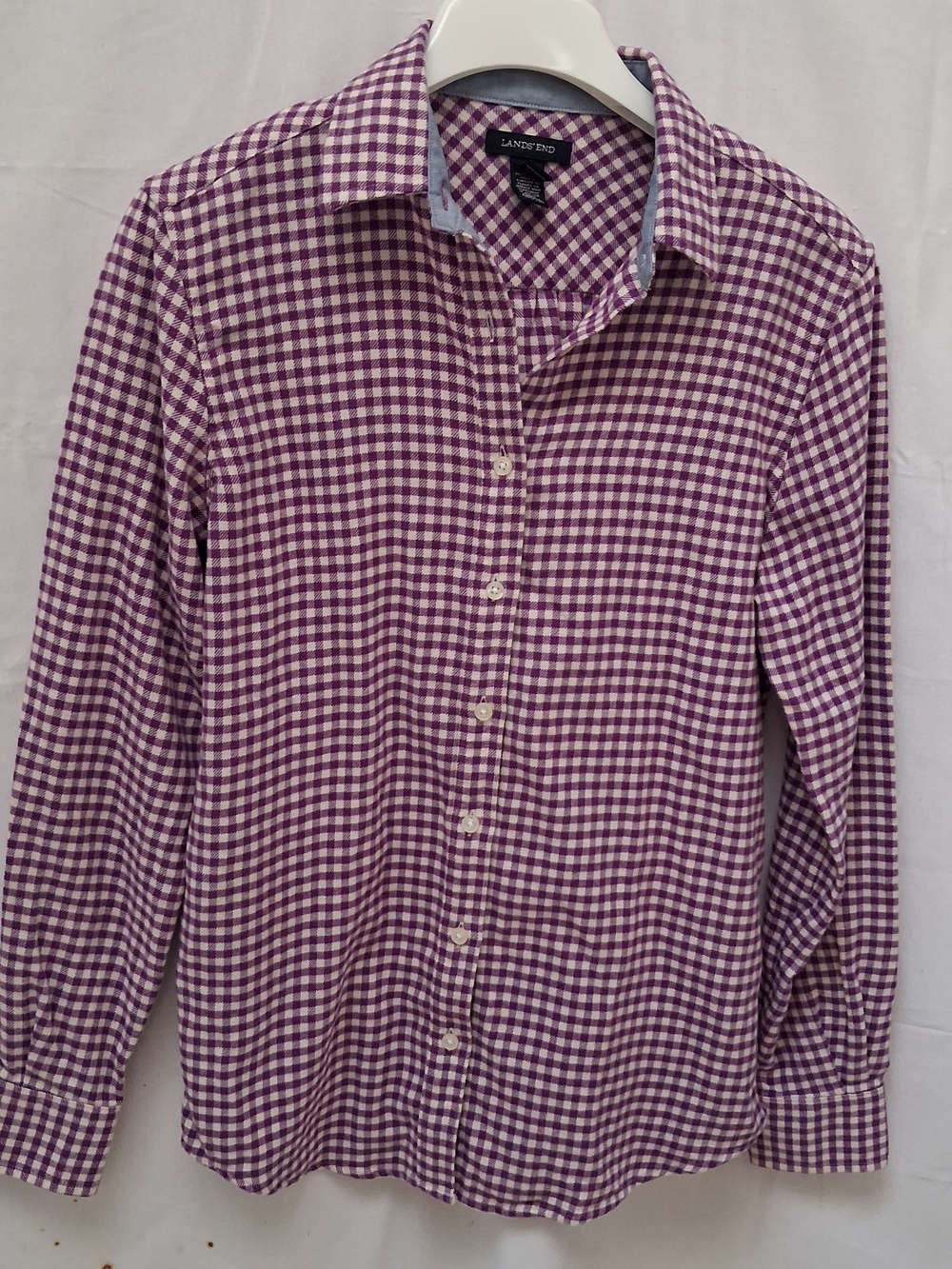 Lands' End Women’s Purple and White Gingham Button-Down Shirt XS